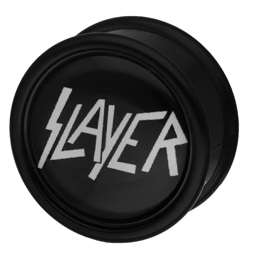 Schwarzer Plug mit weißem Slayer Logo auf schwarzem Hintergrund