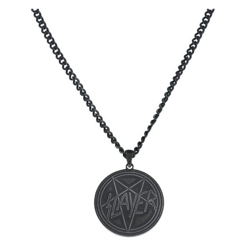 Schwarze Halskette aus Chirurgenstahl mit Slayer Pentagramm-Anhänger auf weißem Hintergrund
