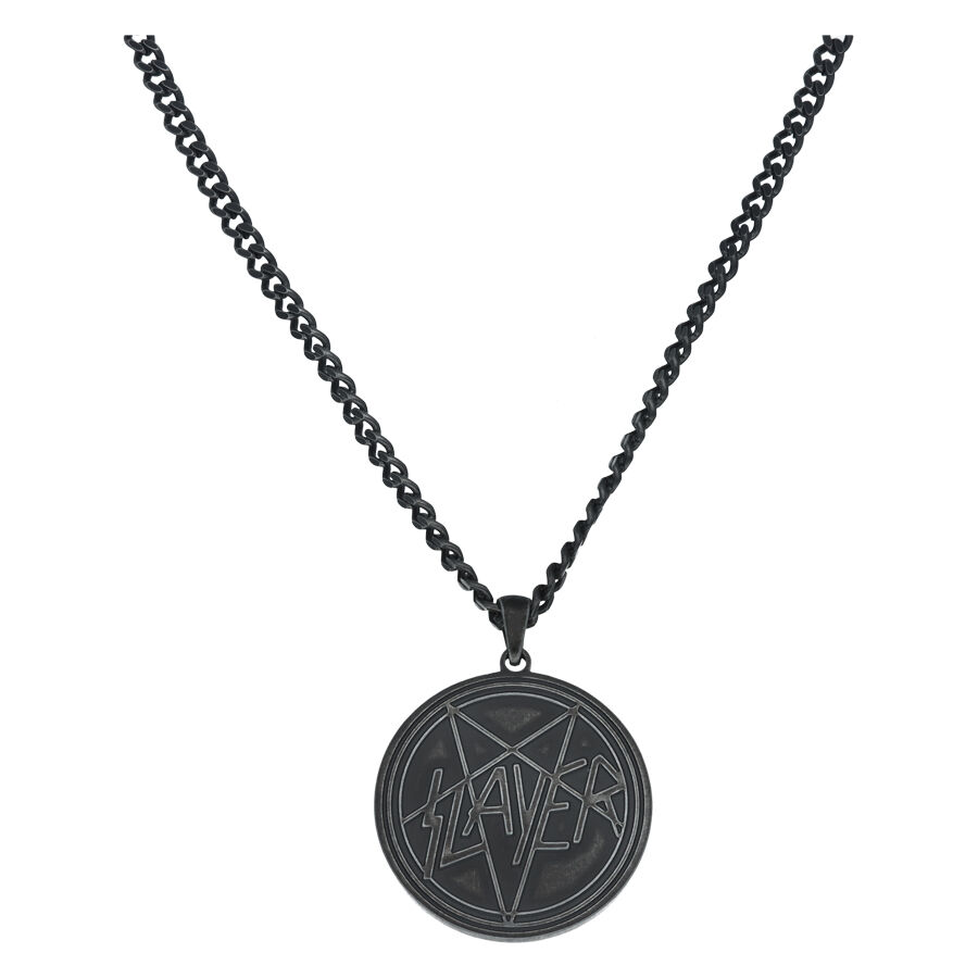 Schwarze Halskette aus Chirurgenstahl mit Slayer Pentagramm-Anhänger auf weißem Hintergrund
