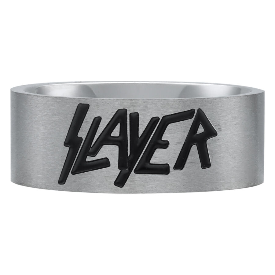 Silberner Ring mit schwarzem Slayer Logo auf weißem Hintergrund