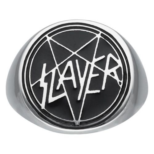 Silberner Siegelring mit Slayer-Logo auf schwarzem Hintergrund