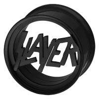 Schwarzer Tunnel mit Slayer-Logo aus Chirurgenstahl auf weißem Hintergrund