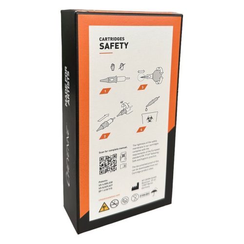 Verpackung der Cheyenne Liner Safety Nadeln mit orange-weißem Design und Sicherheitshinweisen
