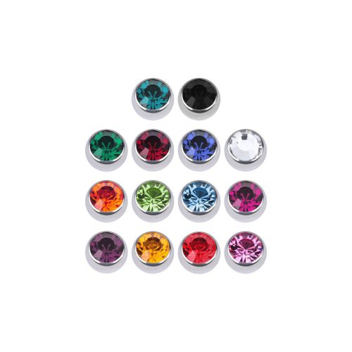 Facettierte Kugeln in Silber mit Kristallen in Schwarz, Klar, Blau, und Fuchsia auf weißem Hintergrund