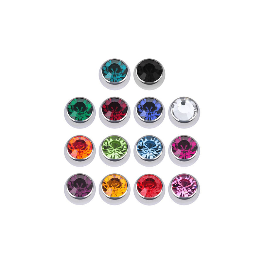 Facettierte Kugeln in Silber mit Kristallen in Schwarz, Klar, Blau, und Fuchsia auf weißem Hintergrund