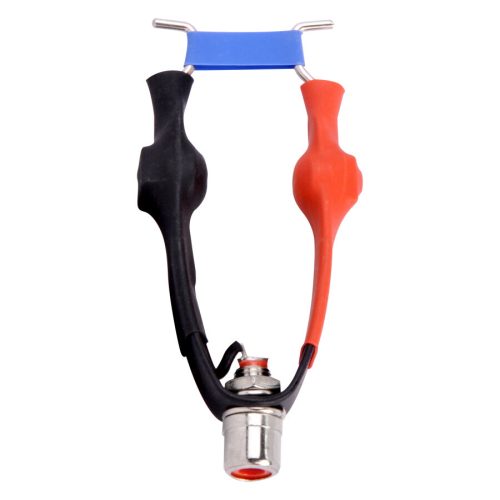 RCA Adapter mit roten und schwarzen Kabeln auf weißem Hintergrund