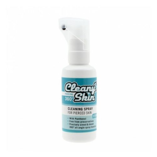 Weißes Cleany Skin Piercing Spray Flasche mit blauem Etikett auf weißem Hintergrund.