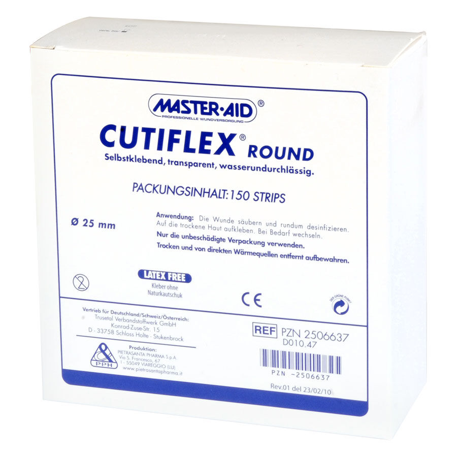 Weiße Verpackung von Cutiflex Round mit blauem Master Aid Logo