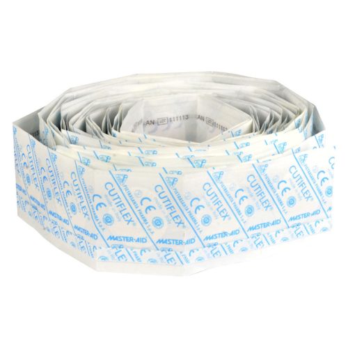 Runde Cutiflex Pflaster von Master Aid, weiß mit blauer Schrift auf weißem Hintergrund