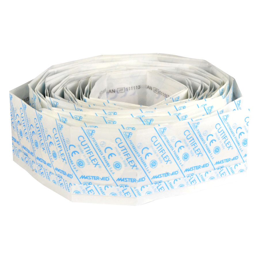 Runde Cutiflex Pflaster von Master Aid, weiß mit blauer Schrift auf weißem Hintergrund
