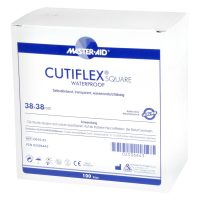 Weiße Verpackung mit Master Aid Cutiflex Square Pflaster, 38x38mm, transparent, wasserdicht
