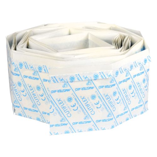 Weiße und blaue wasserdichte Pflaster von Cutiflex in Verpackung