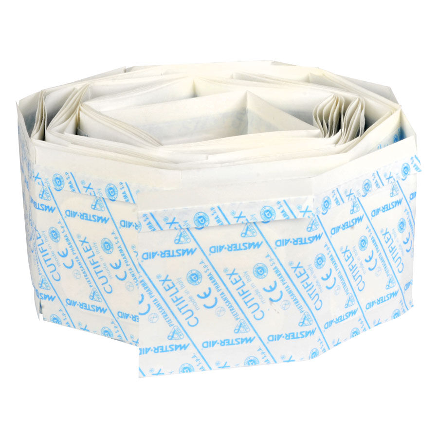 Weiße und blaue wasserdichte Pflaster von Cutiflex in Verpackung