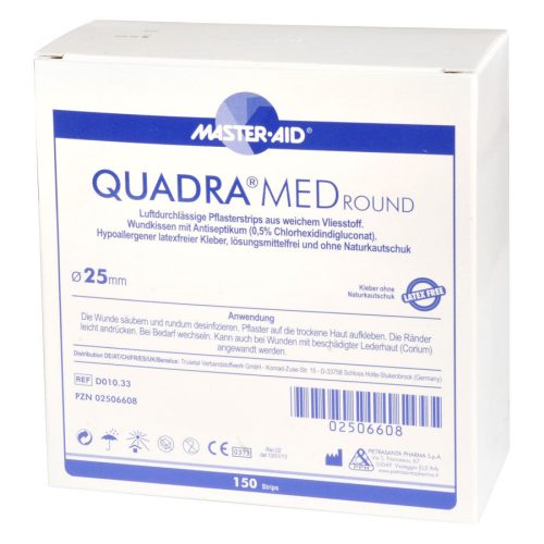 Weiße Verpackung mit blauen Details für Quadra Med Round Pflaster 25mm