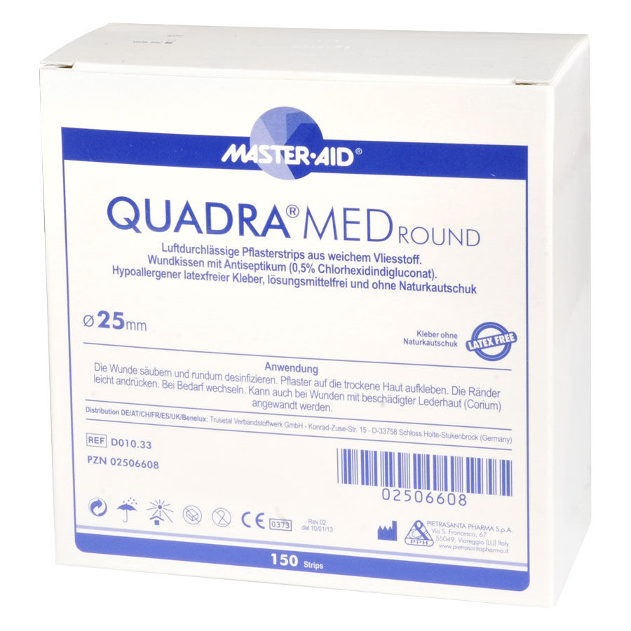 Weiße Verpackung mit blauen Details für Quadra Med Round Pflaster 25mm