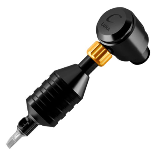 Schwarze Tattoomaschine mit ergonomischem Griff und goldener Schraube auf weißem Hintergrund