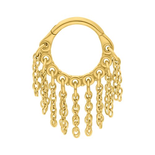 Goldener Clicker-Piercing mit hängenden Ketten auf weißem Hintergrund