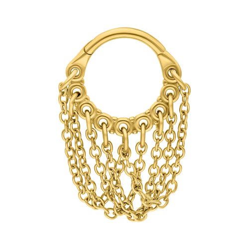 Goldener Piercingring mit gedrehten Ketten auf weißem Hintergrund