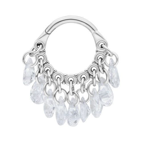Silberner Hinged Ring mit hängenden klaren Kristallen auf weißem Hintergrund