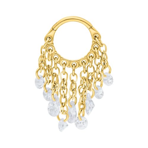 Goldener Piercingring mit hängenden klaren Kristallketten auf weißem Hintergrund