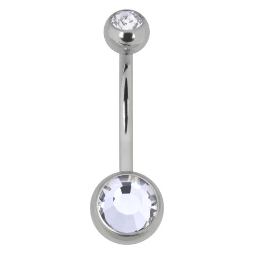Silbernes Bauchnabelpiercing mit zwei klaren Kristallen auf weißem Hintergrund