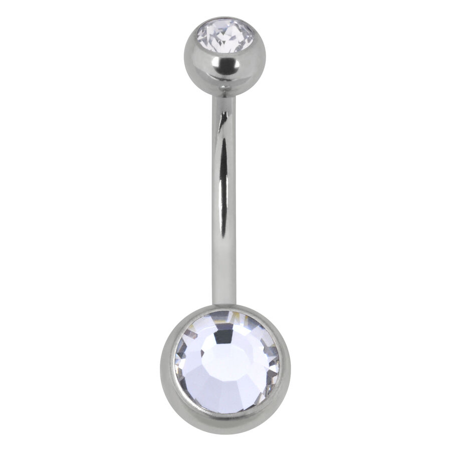 Silbernes Bauchnabelpiercing mit zwei klaren Kristallen auf weißem Hintergrund