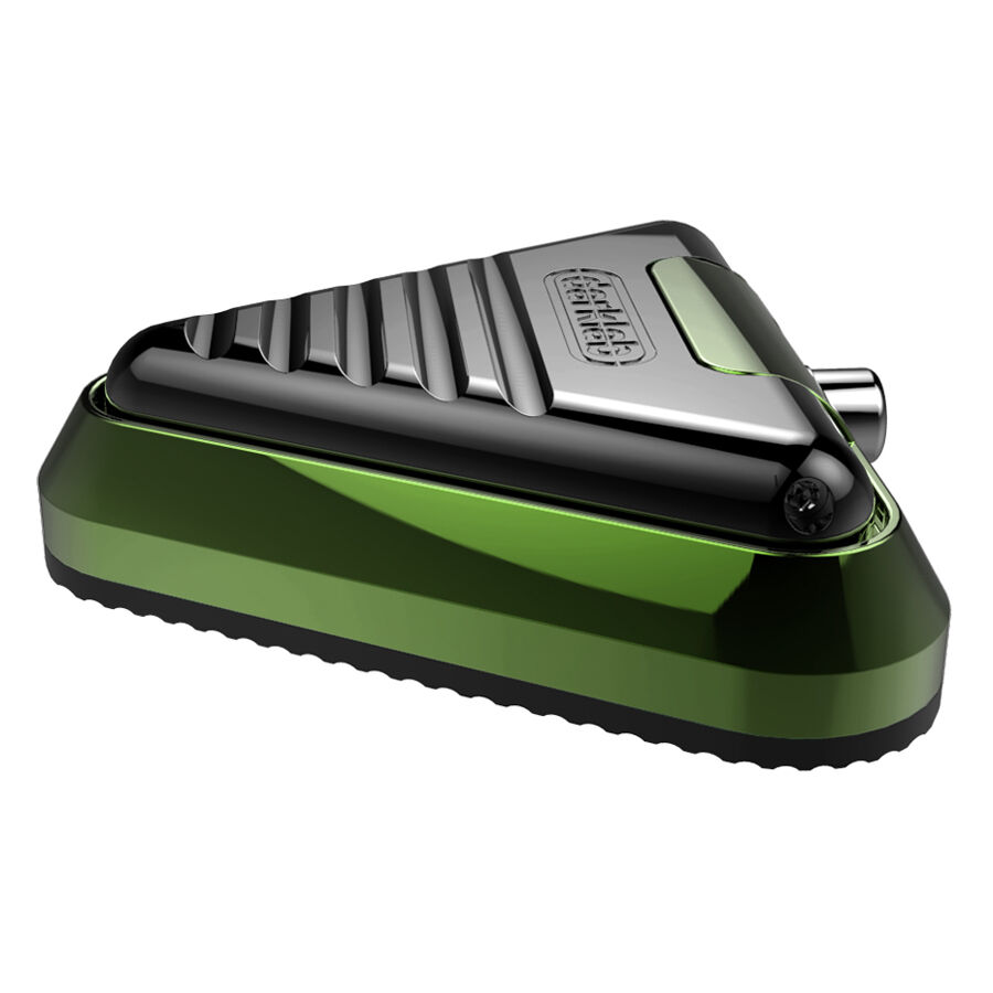 Dreieckiger Delta Footswitch Kryptonite aus Aluminium in Hellgrün und Schwarz auf weißem Hintergrund