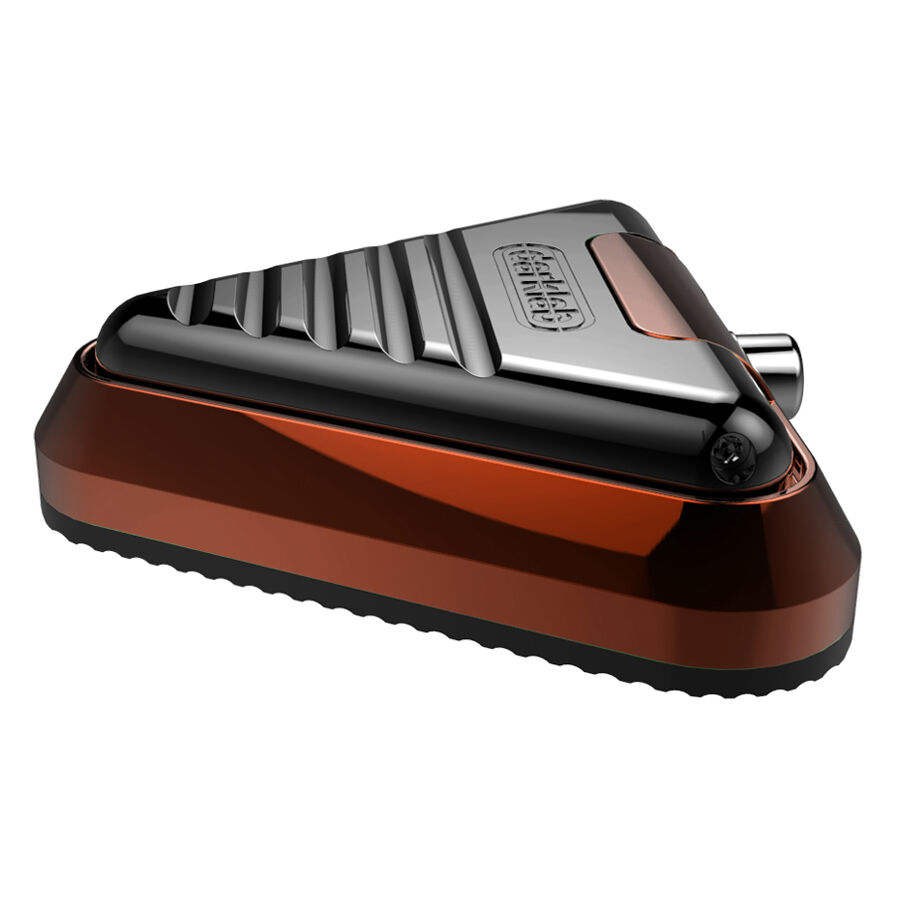 Delta Footswitch in Orange-Schwarz, dreieckige Form, Aluminium, auf weißem Hintergrund