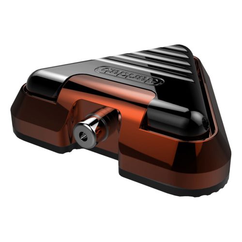 Delta Fußschalter aus Aluminium, orange und schwarz, auf weißem Hintergrund
