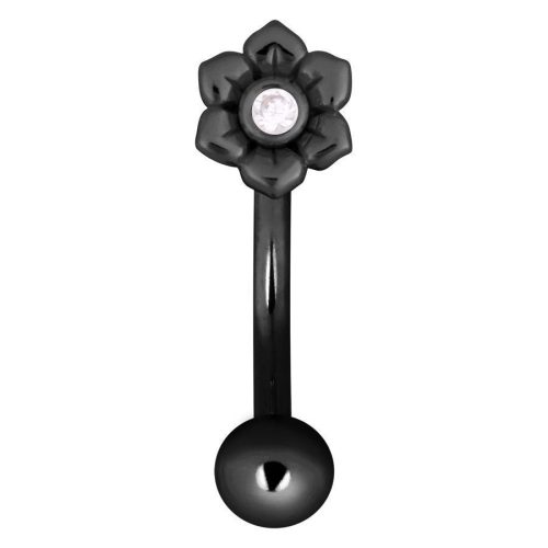 Schwarzes Bananabell Piercing mit Blumenmotiv und klarem Kristall auf weißem Hintergrund