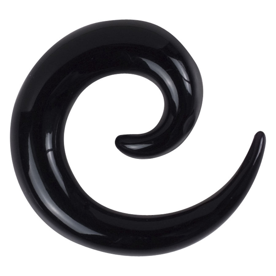 Schwarze Dehnspirale aus Acryl mit glänzender Oberfläche auf weißem Hintergrund