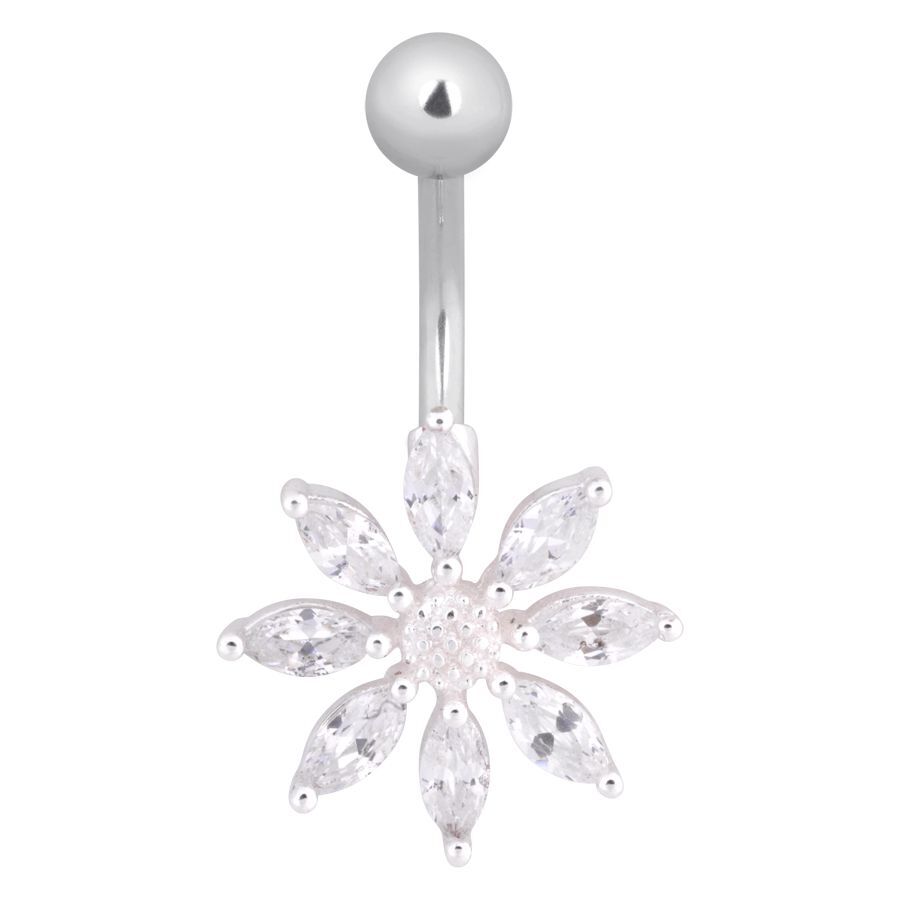 Bauchnabelpiercing in Silber mit Blütenanhänger aus Kristallen