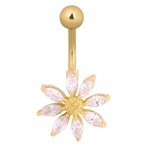 Goldenes Bauchnabelpiercing in Form einer Blume mit klaren Kristallen, auf weißem Hintergrund