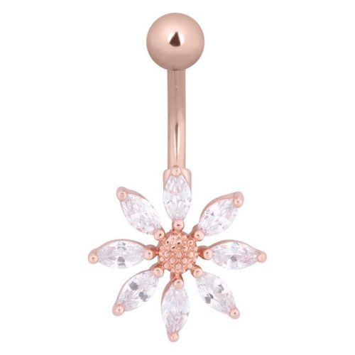 Bauchnabelpiercing in Roségold mit kristallklaren Blütenblättern auf weißem Hintergrund
