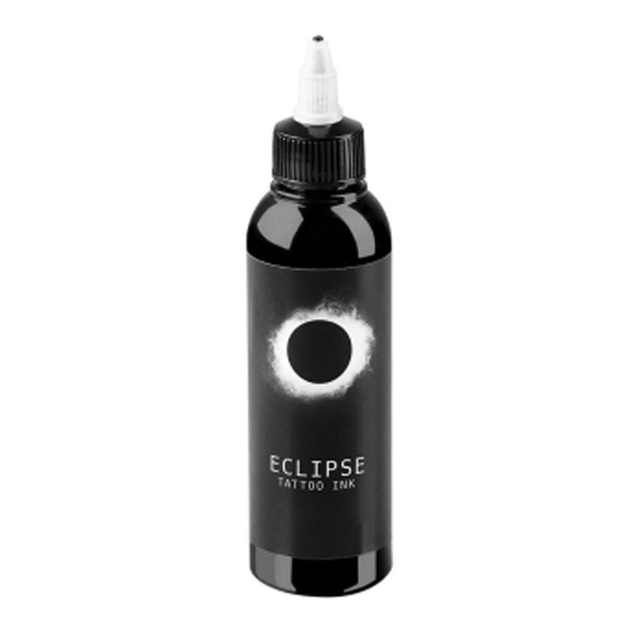 Schwarze 260 ml Eclipse Tattoofarbe in Flasche auf weißem Hintergrund