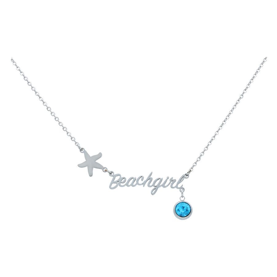Silberne Kette mit Sternanhänger, Schriftzug 'Beachgirl' und blauem Kristall