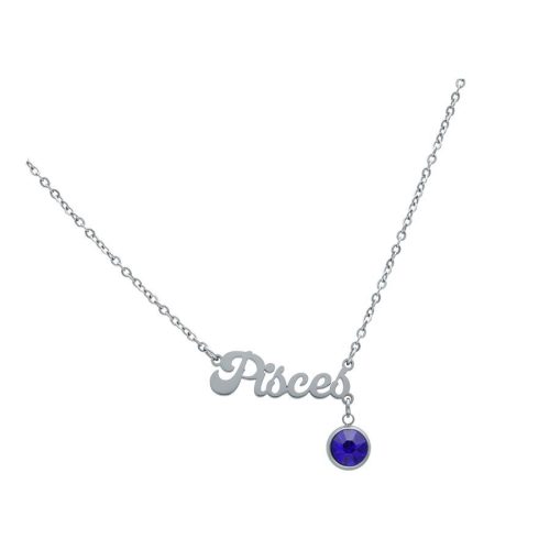 Silberne Kette mit Pisces-Anhänger und blauem Kristall auf weißem Hintergrund