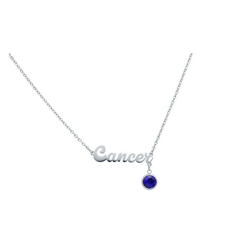 Silberne Kette mit 'Cancer' Schriftzug und blauem Kristallanhänger auf weißem Hintergrund