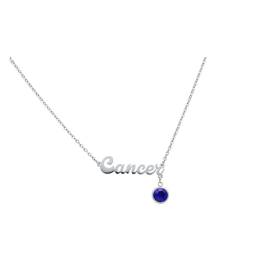 Silberne Kette mit 'Cancer' Schriftzug und blauem Kristallanhänger auf weißem Hintergrund