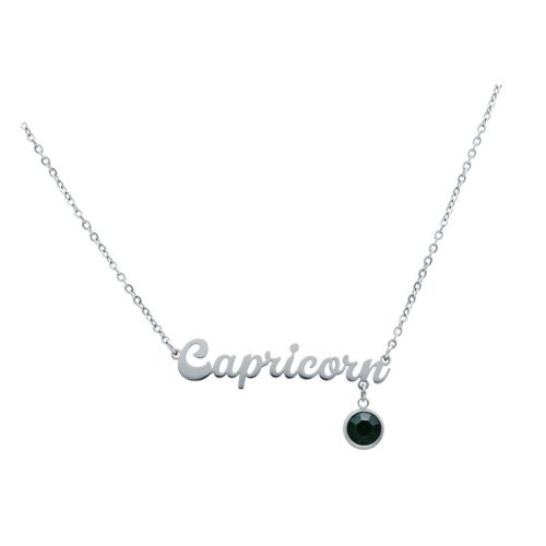 Silberne Kette mit Capricorn-Schriftzug und schwarzem Anhänger auf weißem Hintergrund