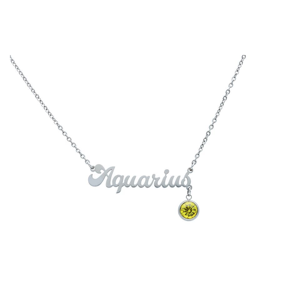 Silberne Aquarius Kette mit gelbem Kristall auf weißem Hintergrund