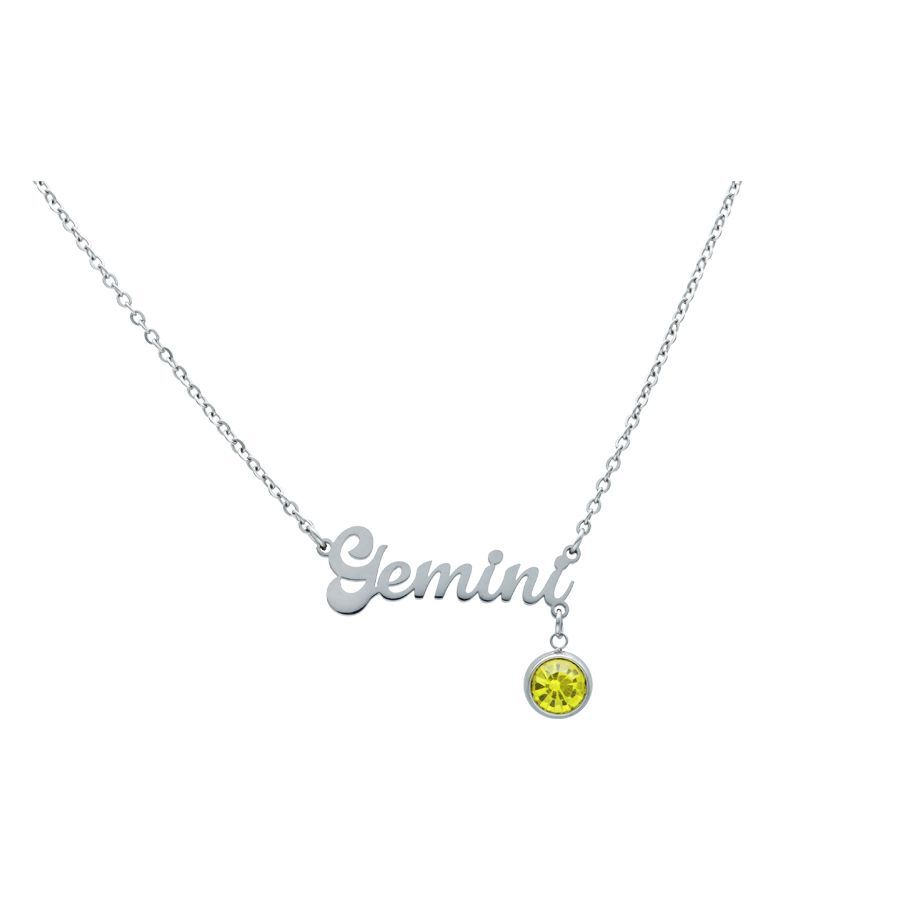 Silberne Kette mit Gemini-Schriftzug und gelbem Kristall auf weißem Hintergrund