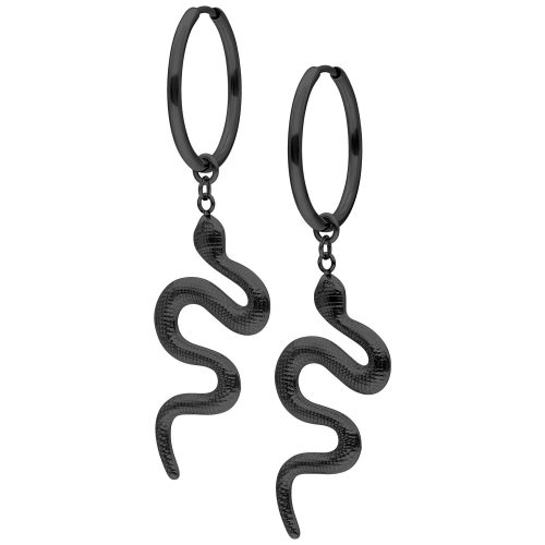Schwarze Big Snake Hoops aus Chirurgenstahl mit Schlangenanhänger auf weißem Hintergrund