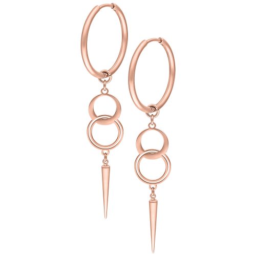 Paar roségoldene Hoops Ohrringe mit kreisförmigen Anhängern und spitzen Enden auf weißem Hintergrund
