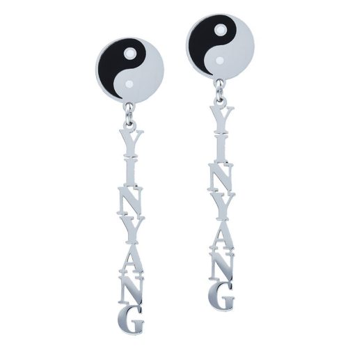 Silberne Yin Yang Ohrstecker, runde Plakette mit schwarzem und weißem Yin Yang-Muster, hängender Schriftzug