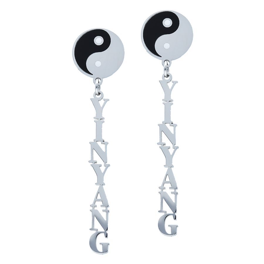 Silberne Yin Yang Ohrstecker, runde Plakette mit schwarzem und weißem Yin Yang-Muster, hängender Schriftzug