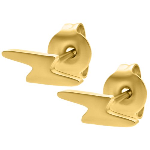 Zwei goldene Ohrstecker in Blitzform auf weißem Hintergrund