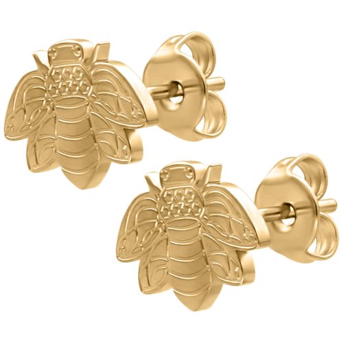Paar goldene Bienen-Ohrstecker aus Chirurgenstahl auf weißem Hintergrund