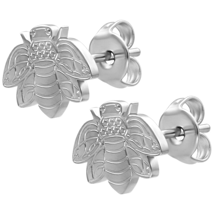 Silberne Bienen Ohrstecker aus Edelstahl auf weißem Hintergrund