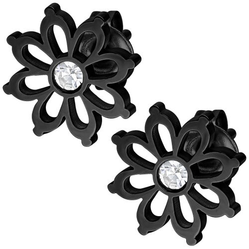 Zwei schwarze Blumen Ohrstecker aus Chirurgenstahl mit kristallklarem Stein auf weißem Hintergrund